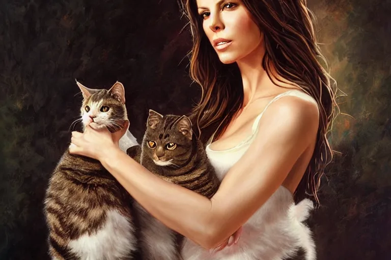 Image similar to portrait of kate beckinsale holding a cat, an oil painting by ross tran and thomas kincade