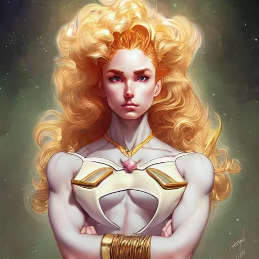 Image similar to hyper masculine buff Sailor Moon as a male, pale skin curly blond hair, fantasy, intricate, elegant, highly detailed, digital painting, artstation, concept art, matte, sharp focus, illustration, art by Artgerm and Greg Rutkowski and Alphonse Mucha