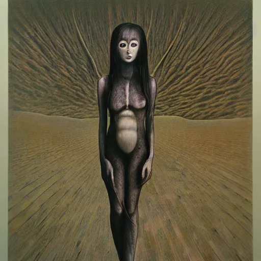 Image similar to tomie by junji ito in the style of zdzisław beksiński and h.r. giger, oil on canvas