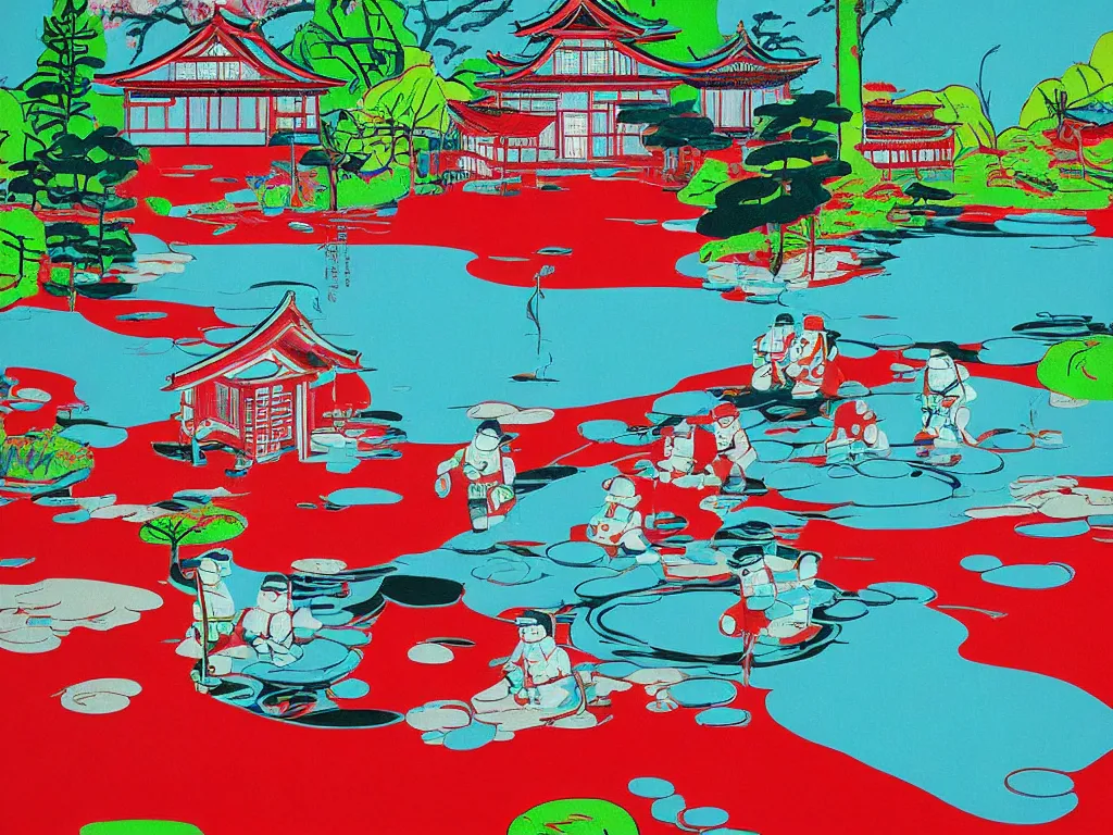 Image similar to close - up image of a japanese red house with a pond, with stormtroopers sitting around it, pop - art style, the style of andy warhol, roy lichtenstein and jackie tsai, bright and saturated palette, acrylic on canvas