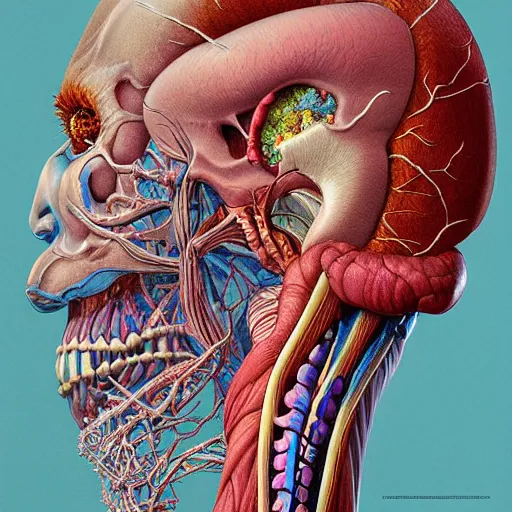 Prompt: nightmare etherreal iridescent vascular nerve bundles pearlescent spinal chord horror by Naoto Hattori, Zdzislaw, Norman Rockwell, Studio Ghibli, Anatomical cutaway