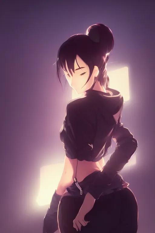 Image similar to black ponytail hair, pale woman in a black zipper jacket, yellow eyes, by artgerm, hair tied in a ponytail, white backdrop, soft lighting, night scene, by greg rutkowski makoto shinkai takashi takeuchi