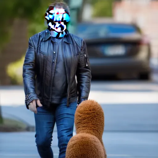 Prompt: a photo of elon musk walking on the street with his big mutant poodle, f 2. 8, 1 0 0 mm lens