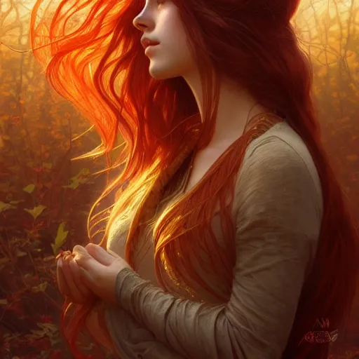 Image similar to girl with super long hair, hair becoming autumn red leaves, intricate, highly detailed, digital painting, artstation, concept art, smooth, sharp focus, illustration, unreal engine 5, 8 k, art by artgerm and greg rutkowski and alphonse mucha