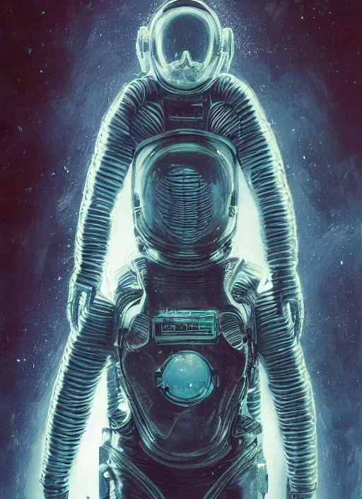 Image similar to astronaut in dark void underwater - complex and hyperdetailed technical suit design. reflection and dispersion materials. rays and dispersion of light. volumetric light. f / 3 2. noise film photo. flash photography. ultra realistic, 5 0 mm. poster by wayne barlowe, hajime sorayama aaron horkey, craig mullins