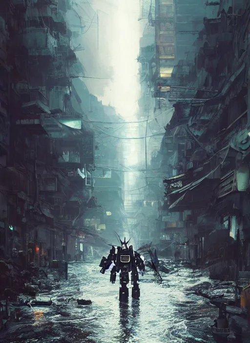 Prompt: dramatic Photorealistic, Matte Painting of a gigantic Mobile suit Mech standing in a busy post apocalyptic deep flooded Hong Kong city street at night,dark Tall buildings by Greg Rutkowski,Craig Mullins,Hyperrealism,Beautiful dramatic moody lighting,Cinematic Atmosphere,volumetric,Octane Rendering,8K