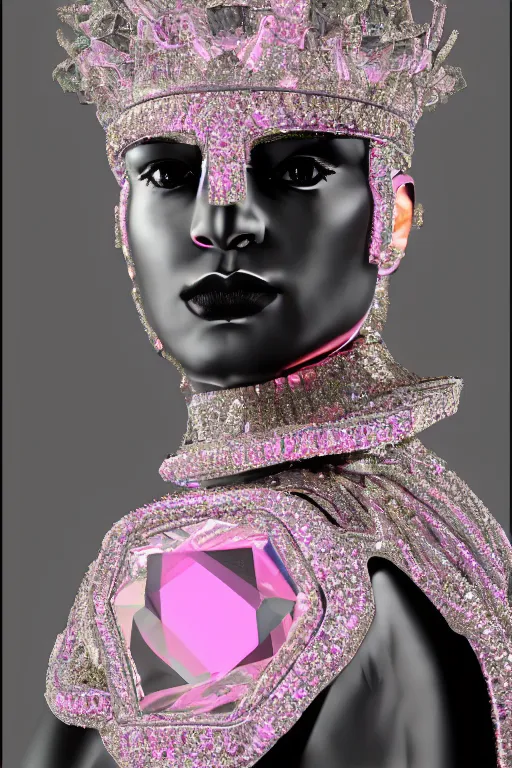 Image similar to hyper detailed ultra sharp portrait of baroque and bladerunner delicate glowing diamond sculpture of seductive muscular albino young spanish king, pink diamond black metallic sphinx iridescent humanoid deity wearing black cloak holding a prismatic gem, glowing pink face, crown of white diamonds, cinematic lighting, photorealistic, octane render 8 k depth of field 3 d