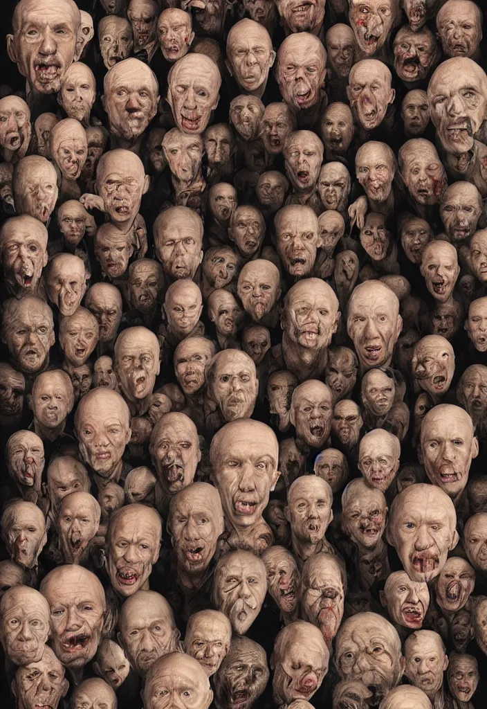 Prompt: many different faces on one man's head, portrait, horror, very detailed, 3 d character concept, extremely photorealistic, intricate, rendered in octane, hyperrealism, 8 k resolution, by jan svankmajer & henry fuseli & otto rapp & zdzisław beksinski & fra angelico & jeff christensen,
