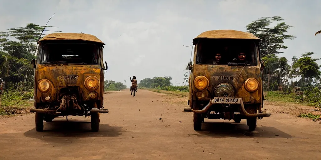 Image similar to sri lankan mad max style, driving a tuk tuk, film still, epic shot cinematography, rule of thirds