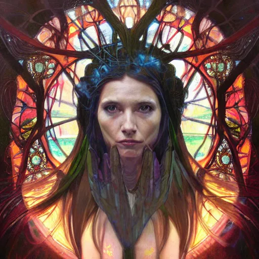 Prompt: an acrylic on canvas portrait of Me but way cooler Shaman Lightworker Alchemist Druid, Mystery, Love, wholeness, rooted lineage, web of life, open eye freedom by Greg Rutkowski, Artgerm and Alphonse Mucha. Epic fantasy art.