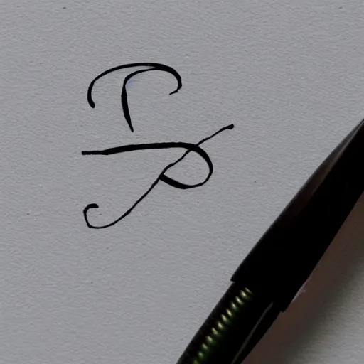 Prompt: the letter f on a white piece of paper, close - up, cursive, penmanship, ink on paper, fountain pen