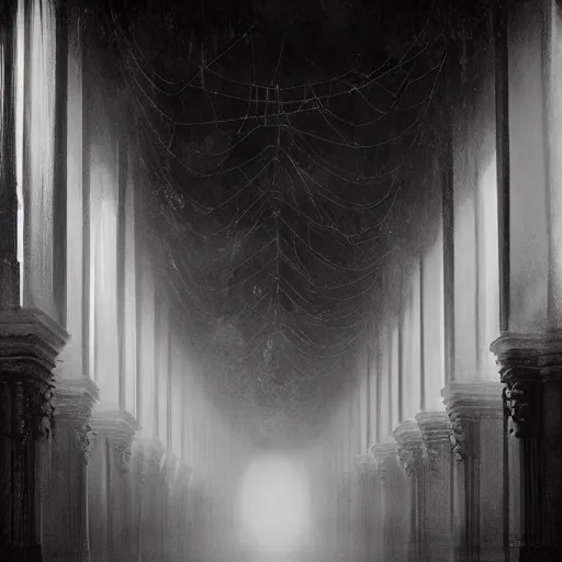 Image similar to a long hallway of mirrors. victorian interior, with many mirrors, spiders and spiderwebs everywhere, elegant design, haunting atmosphere, dark lighting, gothic, horror style, scary, swirling fog, volumetric lighting, by greg rutkowski, realistic, dutch angle,