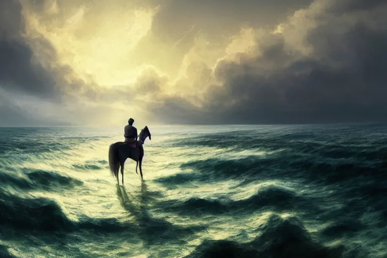 Prompt: photo of man riding a horse along the beach, glowing underwater waves toward a lighthouse in the distance guiding his way, silhouette, wide horizon, large white clouds, night, intricate, elegant, highly detailed, digital painting, artstation, concept art, smooth, sharp focus, illustration, art by artgerm and greg rutkowski and fra angelico