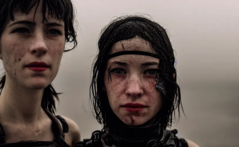 Image similar to cinestill 5 0 d candid photographic portrait by helen levitt of two loving female androids wearing rugged black mesh techwear in treacherous waters, extreme closeup, modern cyberpunk moody emotional cinematic, dust storm, 8 k, hd, high resolution, 3 5 mm, f / 3 2, ultra realistic faces, ex machina