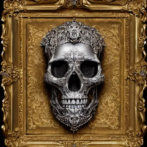 Image similar to a portrait of a beautiful ornate and intricate rococo skull with silver and gold details and diamonds inside a rococo frame, 4k, octane render, vray, unreal engine, photorealistic