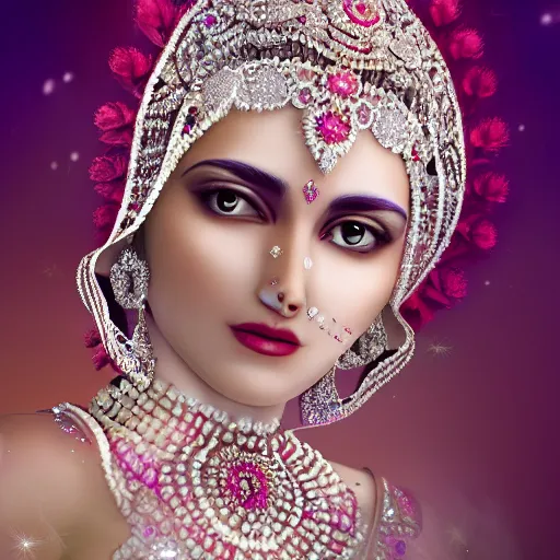 Image similar to portrait of wonderful hindi princess of white diamonds with fair skin, white flowers, ornate with white diamonds, 8 k, gorgeous, intricate, detailed, glowing white accent lighting, dramatic lighting, octane render