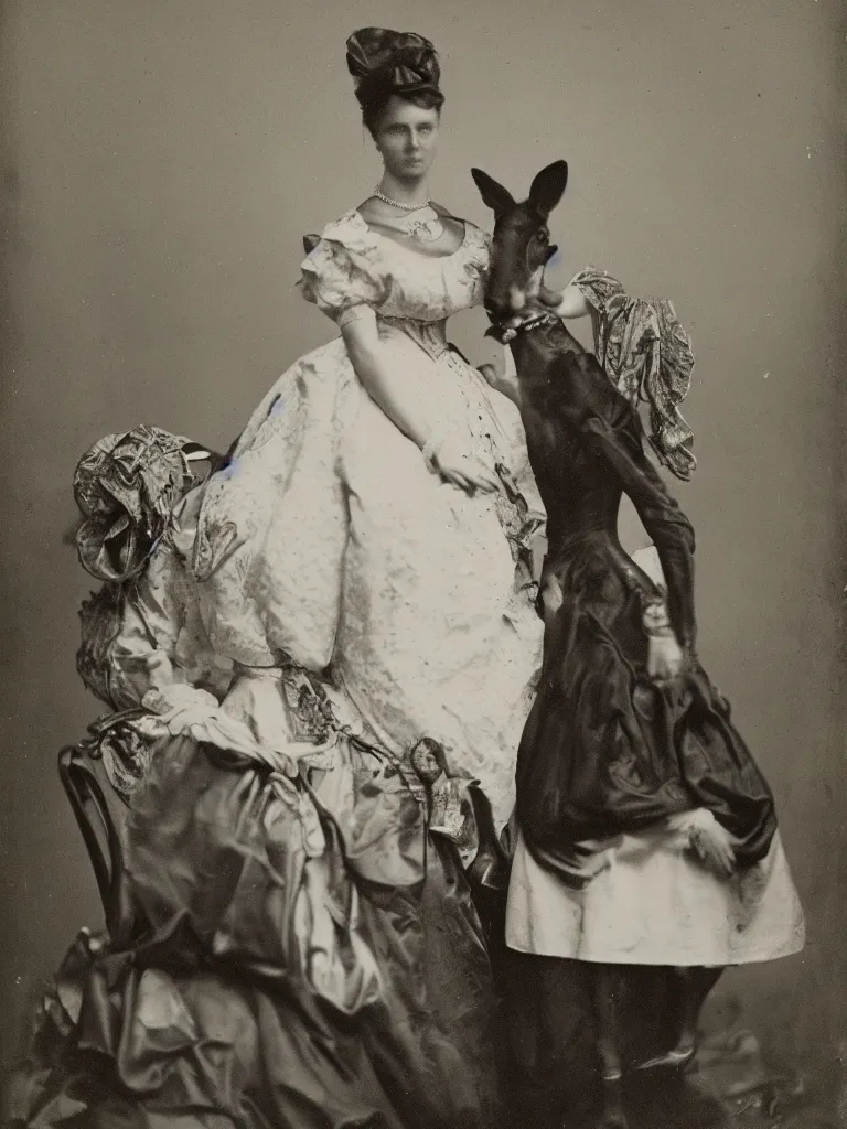 Prompt: portrait of a kangaroo dressed as a wealthy southern woman 1 8 5 0 s silver gelatin photo