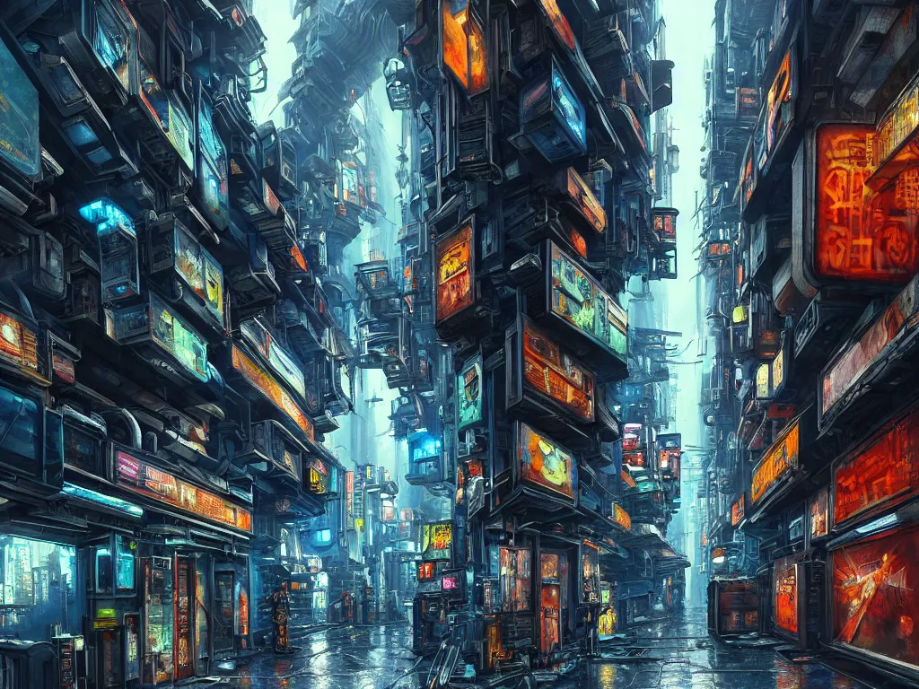 Prompt: realistic painting of a complex, distorted, gritty alleyway of a futuristic city, piping, concept art, technological screens, cyberpunk style, bright lights, cyberpunk ads, hieroglyphic signs, computation, intricate detail, noriyoshi ohrai and edward hopper, realism, blue color scheme, trending on artstation