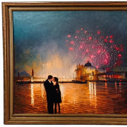 Image similar to an oil painting of couple kissing, in a background fireworks in venice