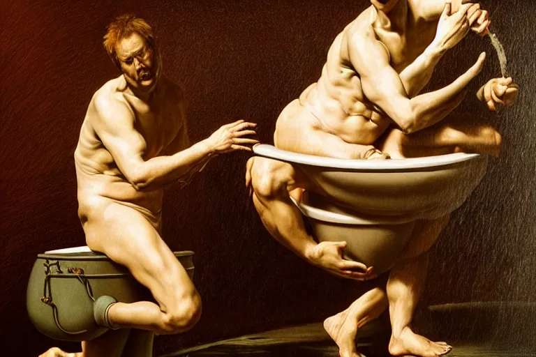 Image similar to hyperrealism aesthetic ridley scott and caravaggio style photography of detailed giant peeing in detailed ultra huge toilet bowl in surreal scene from detailed art house movie in style of denis villeneuve and wes anderson