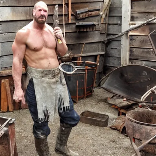 Image similar to triple h as blacksmith make his hammer