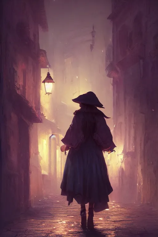 Prompt: A girl with big hat sneaking through the streets of a medieval village at night, glowing lights, oil painting, Greg Rutkowski, Charlie Bowater, unreal 5, DAZ, hyperrealistic, octane render, RPG portrait, dynamic lighting, fantasy art, beautiful face
