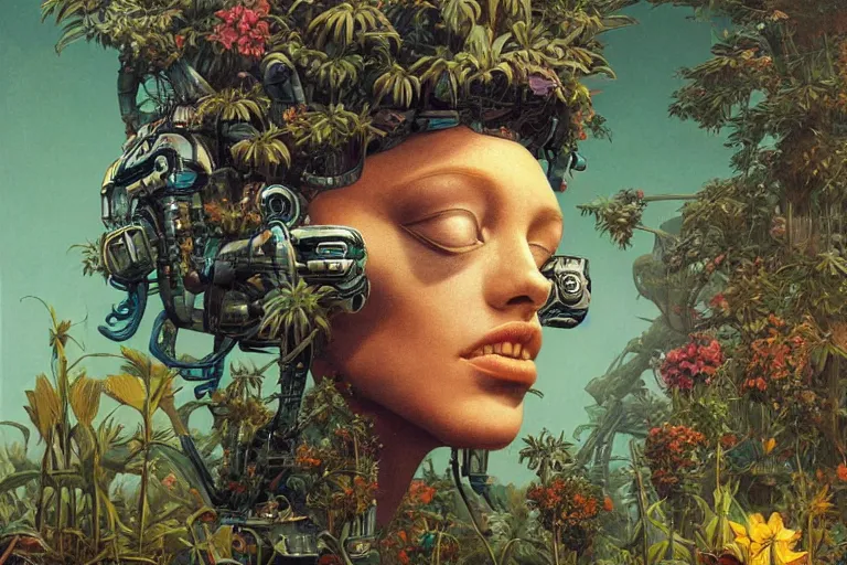 Prompt: gigantic robot - girl head floating in the space, a lot of exotic plants, trees, flowers, oldschool vintage sci - fi flat surreal grainy design, super - detailed, oil painting by moebius, hd, 4 k, high quality