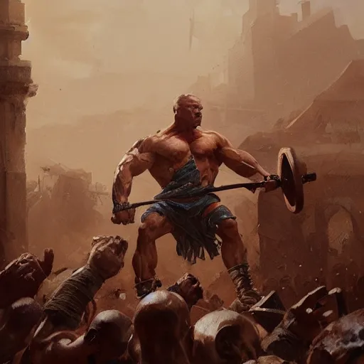 Image similar to The seasoned bodybuilder knocking down the columns of the Philistines , Greg rutkowski, Trending artstation, cinematográfica, digital Art