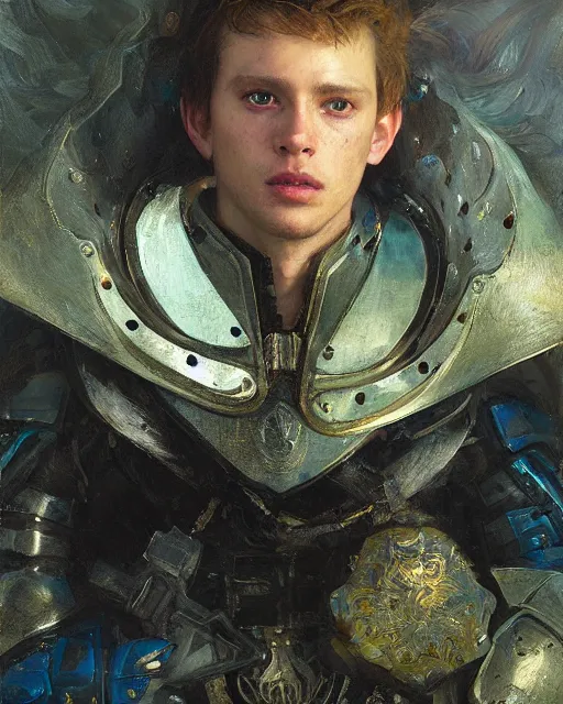 Image similar to aa strong and handsome knight, oil painting, by Edgar Maxence and Ross Tran and Michael Whelan