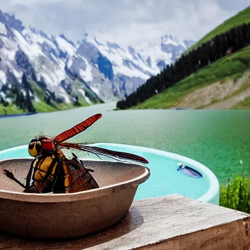 Image similar to dragonfly in a bathtub in the alps, big goat in the background