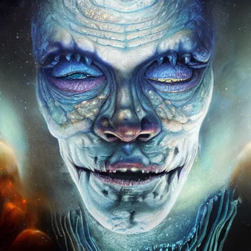 Image similar to full face close up portrait, sandman god of dreams wearing a melting skeleton mask, deliver me cosmic sight, by patrick woodroffe, by josip csoor, by laurie lipton, in the valley of the damned background, cinematic lighting, volumetric lighting, neosurrealism, realistic shadows, particle effects, rendered in octane, psychedelic, electric, cosmic, fantasy