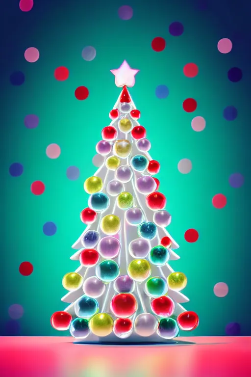 Image similar to flat illustration rainbowcore neo - scandi christmas tree with kitchen glitzy baubles, star, bird decorations, silver pink white red mood, highly detailed digital art masterpiece, smooth etienne sandorfi eric zener dramatic pearlescent soft teal light, ground angle hd 8 k, sharp focus