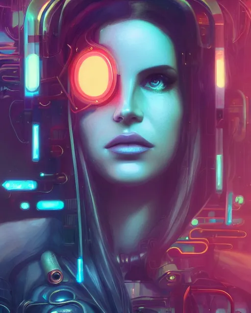 Image similar to portrait of lana del rey as a cyberpunk cyborg. sci - fi intricate abstract. intricate artwork, tear drops, roses, by tooth wu, wlop, beeple, dan mumford. concept art, octane render, trending on artstation, greg rutkowski, asymmetrical, cinematic arthouse, key art, hyper realism, iridescent accents