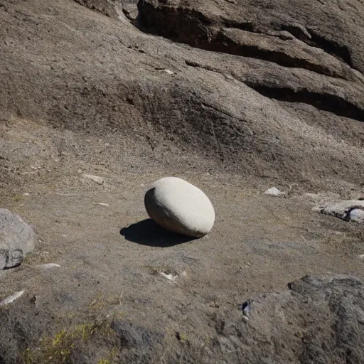 Prompt: a round shaped rock rolling down fastly