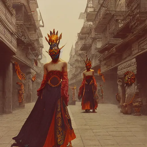 Prompt: study of masked Byzantine Tang Dynasty dancers on the art deco streets of the Undying Empire city of ya-Sattra during the Festival of Masks, award-winning realistic sci-fi concept art by Beksinski, Bruegel, Greg Rutkowski, Alphonse Mucha, and Yoshitaka Amano