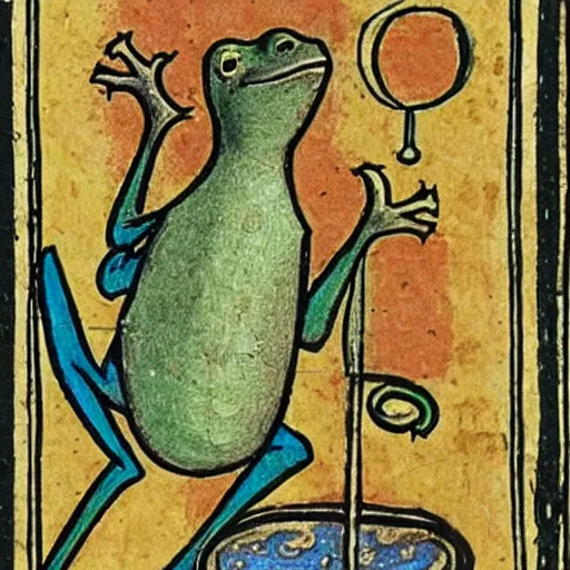 Image similar to medieval illustration of a frog practicing alchemy, illuminated manuscript