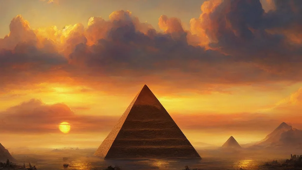 Prompt: Trending on artstation, beautiful pyramid with golden tip illuminated by the sunset, detailed matte painting, oil on canvas