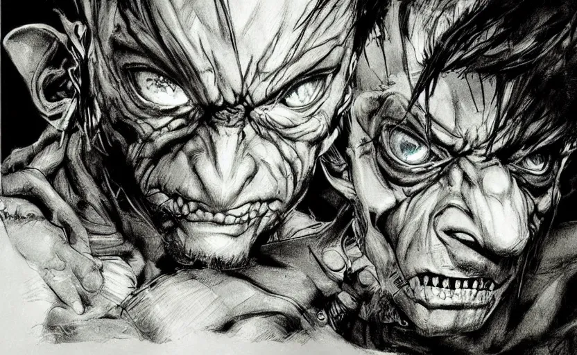 Image similar to yoji shinkawa drawing of gollum, metal gear solid