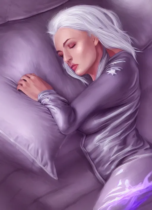 Image similar to a highly detailed illustration of silver haired woman wearing purple star onesie floating on pillow, dramatic floating pose, sleepy expression, intricate, elegant, highly detailed, centered, digital painting, artstation, concept art, smooth, sharp focus, league of legends concept art, wlop