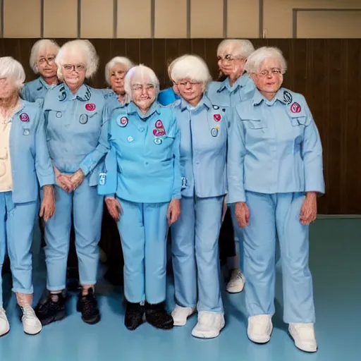 Prompt: troop 1 2 0 - year - old grannies with white bob hairdos, tight light blue neopren suits, futuristic cloning facility, sci - fi, highly detailed, cinematic