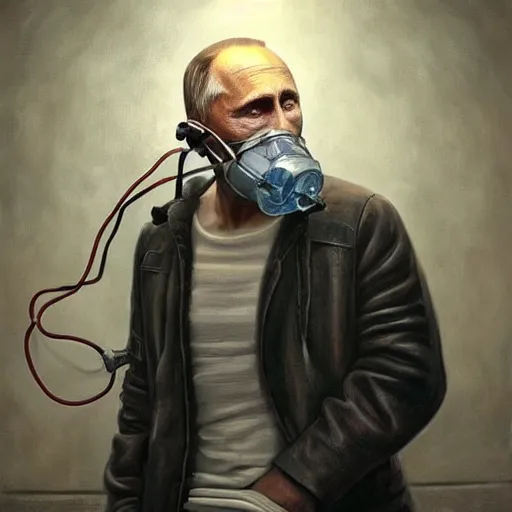 Image similar to hyperrealistic painting of very ill Vladimir Putin wearing an oxygen mask on a death bed inhaling from Copium tank, dimly lit cozy tavern, leather tunic, confident relaxed pose, d&d, stunning 3d render inspired art by Tim Okamura and Lise Deharme + perfect facial symmetry + dim volumetric lighting, 8k octane beautifully detailed render, post-processing, extremely hyperdetailed, intricate, epic composition, grim yet sparkling atmosphere, cinematic lighting + masterpiece, trending on artstation, very very detailed, masterpiece, stunning