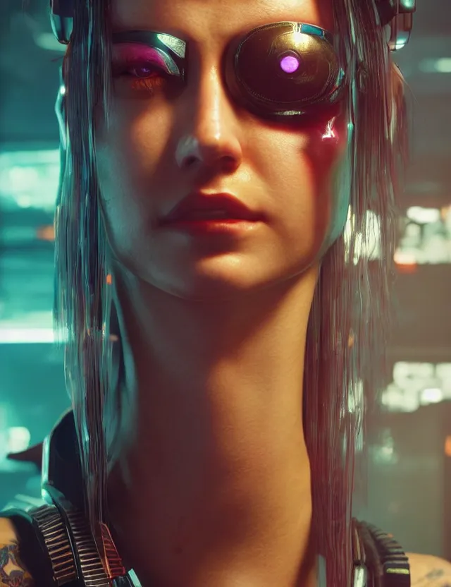 Image similar to close face portrait of a young female waitress as cyberpunk 2 0 7 7 concept art, art by ryo shiotani and greg rutkowski, intricate, beautiful, cute, cinematic lighting, vintage art by serge ivanoff, high resolution, very detailed