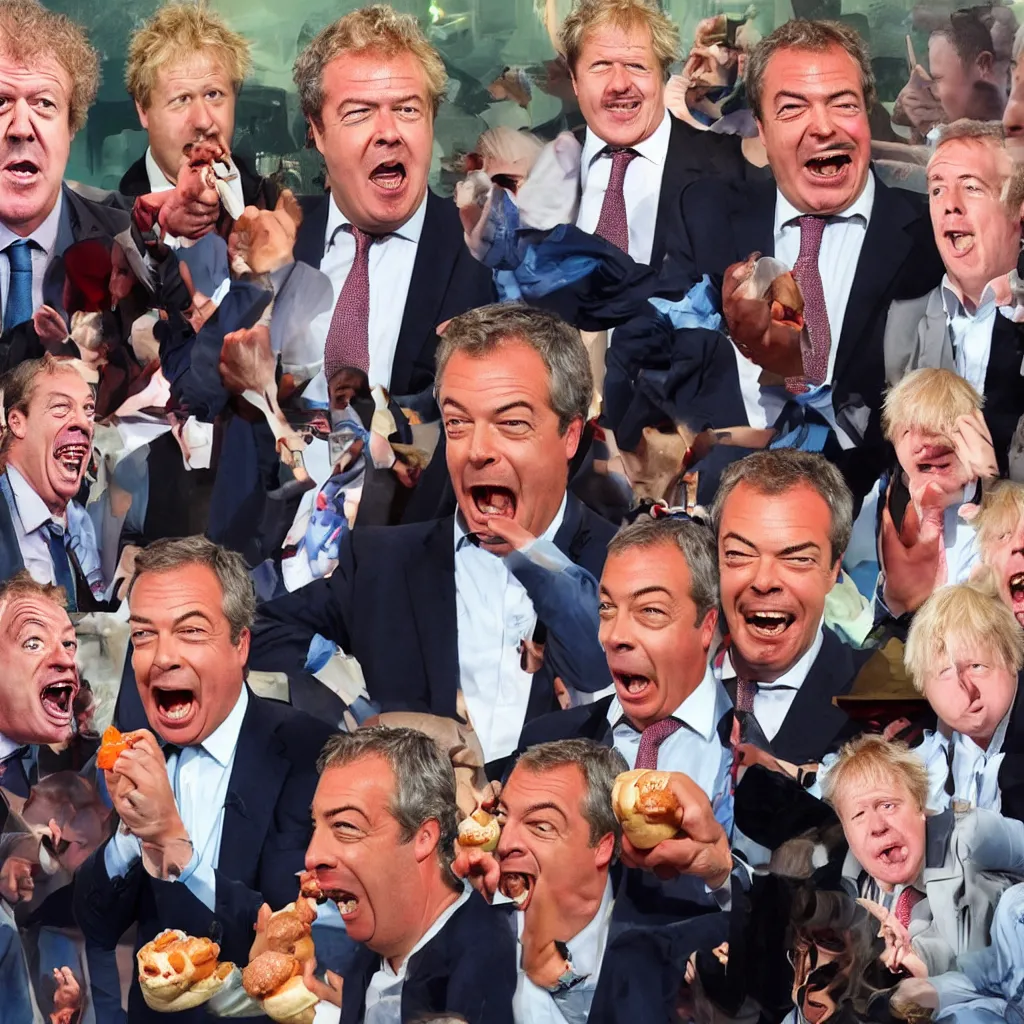 Prompt: jeremy clarkson shouting angry, nigel farage shouting angry, boris johnson shouting angry, all fighting over hot dogs