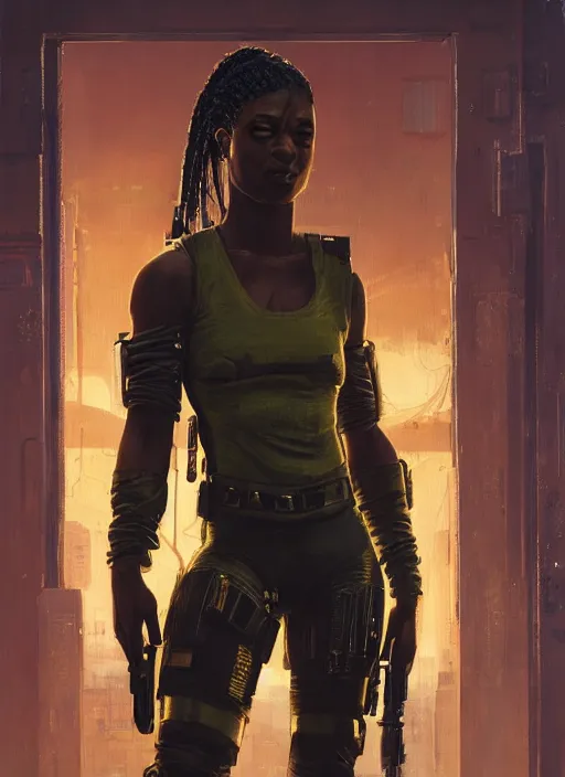 Prompt: maria igwe. cyberpunk mercenary wearing a military vest and combat jumpsuit. (Cyberpunk 2077, bladerunner 2049). Iranian orientalist portrait by john william waterhouse and Edwin Longsden Long and Theodore Ralli and Nasreddine Dinet, oil on canvas. Cinematic, vivid colors, hyper realism, realistic proportions, dramatic lighting, high detail 4k