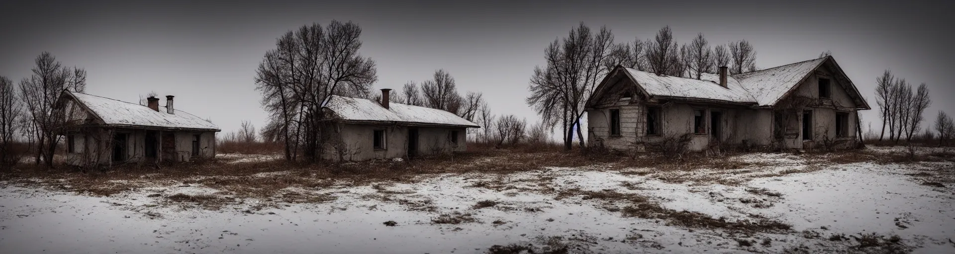 Prompt: landscape, lonely soviet house, abandoned, lifeless, winter, mud, atmospheric, mystical, very detailed 4 k