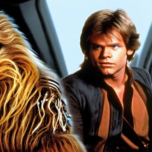 Prompt: a still of mark hamill as han solo, with chewbacca, in return of the jedi, 8 k