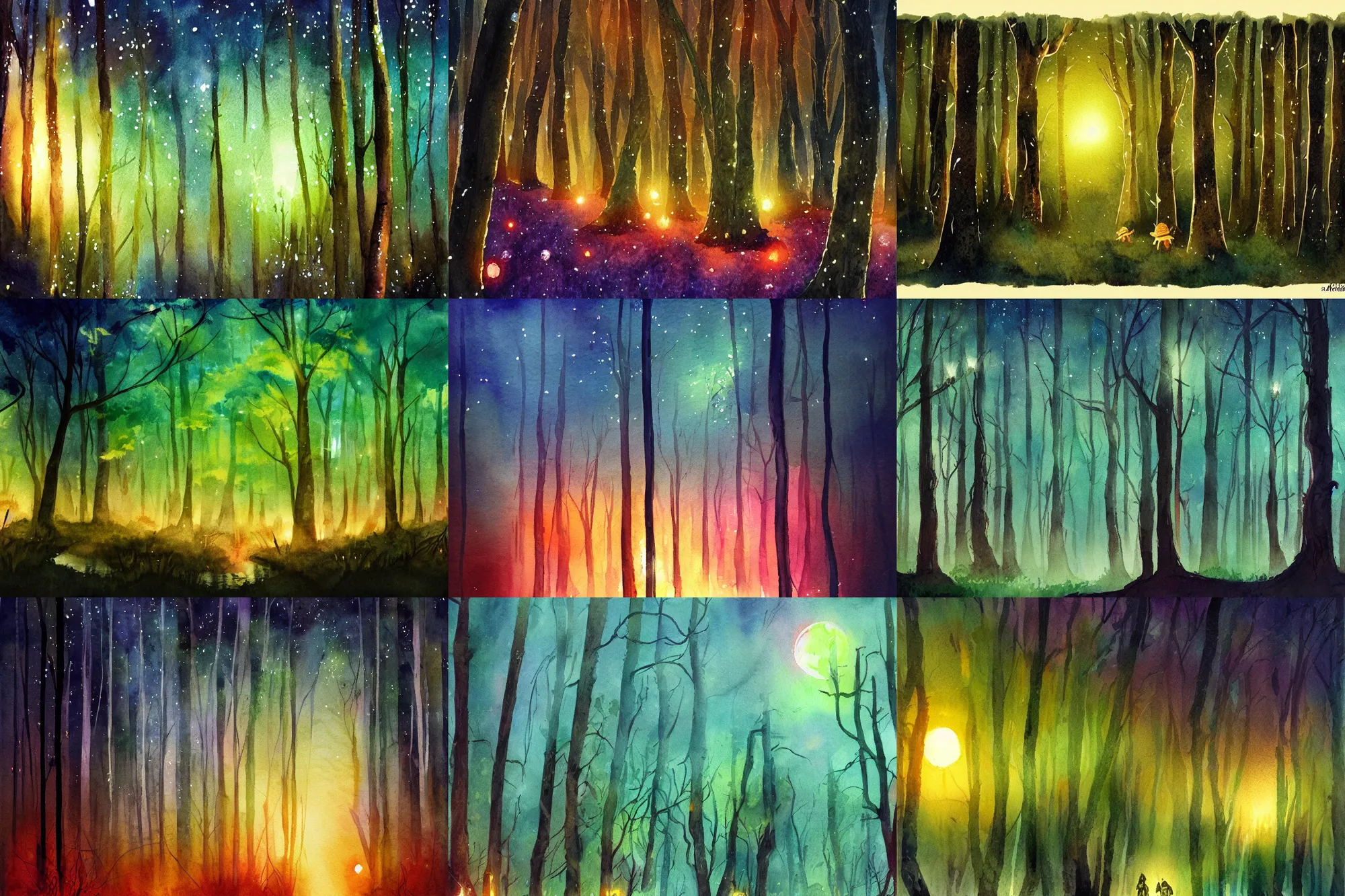 Prompt: Firefly forest at night, high quality watercolors, award winning, trending on ArtStation