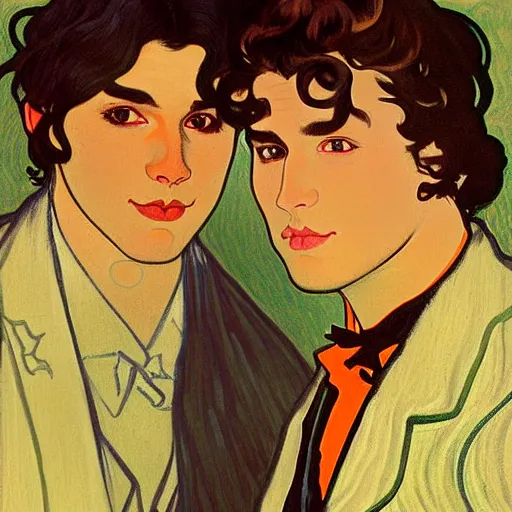 Image similar to painting of young cute handsome beautiful dark medium wavy hair man in his 2 0 s named shadow taehyung and cute handsome short dark hair man together at the halloween jack o lantern pumpkin party, autumn colors, elegant, clear, painting, stylized, delicate, soft facial features, delicate facial features, soft art, art by alphonse mucha, vincent van gogh, egon schiele
