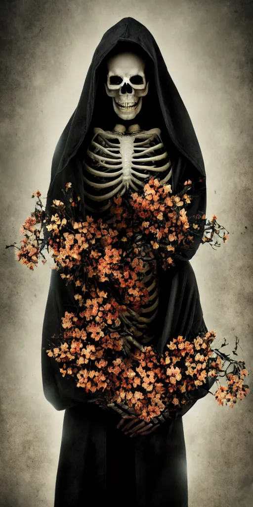 Image similar to cinematic shot epic portrait skeleton wearing a dark robe covered in flowers, hyper realistic, mood lighting, fantasy, detailed face, highly detailed, super realistic, perfect lighting pixel sorting