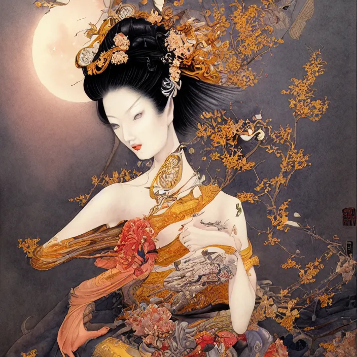 Prompt: asian geisha watercolor painting by, daniel merriam, ayami kojima, peter mohrbacher, intricate detail, artstation, artgerm, in the style of darkness fantasy, rococo, gold leaf art, rime lighting